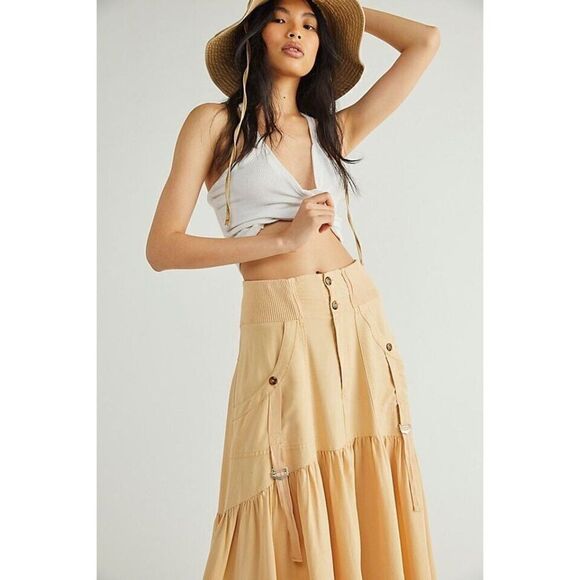 NEW FREE PEOPLE Sz 4 HOW I’M FEELING NOW UTILITY MIDI SKIRT MUSTARD SEED - Picture 1 of 3